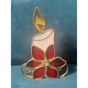 Studio Nova Stained Glass Candle Holder Tea Light Christmas Poinsettia & Candle